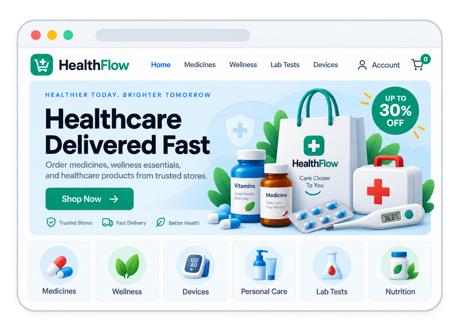 Healthcare Ecomm: Healthcare commerce interface illustration